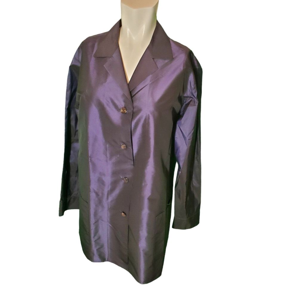 Shamask Navy Silk Tunic Blouse Button Down Shirt Taffeta Pearl Sz 1/6-8 $795